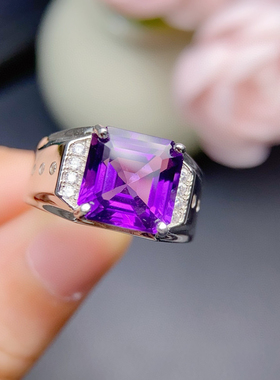 男士戒指天然紫水晶男戒纯银镶嵌天然宝石潮男长方形指环开口