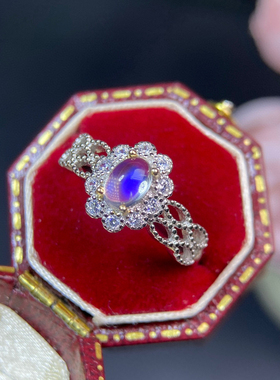 s925银镶嵌天然灰月光石戒指女时尚简约活口可调节指环送女友礼物