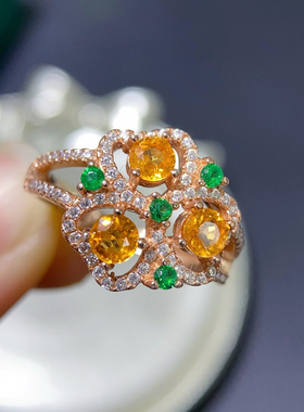 戒指4mm s 925纯银精工镶嵌爆款天然糖果色芬达戒指开口