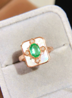 天然贝壳戒指女款925银镶嵌天然祖母绿时尚个性开口指环送女友