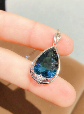 新款伦敦蓝帕石吊坠女S925纯银项链时尚简约天然宝石水晶大吊坠