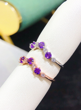 日韩镶钻紫水晶女开口戒指樱花开口可调节主石3mm 银镀白金玫瑰金