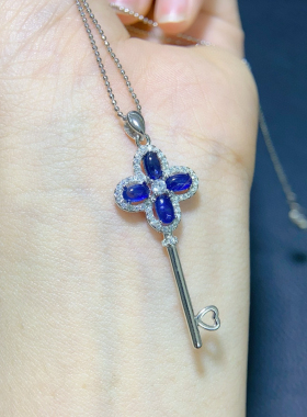 新品520情人节皇冠钥匙项链女天然素面蓝宝石心冠锁骨链七夕礼物