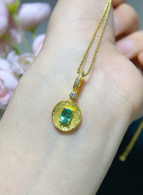 s925银镀金镶嵌天然祖母绿吊坠项链锁骨链女款时尚简约百搭