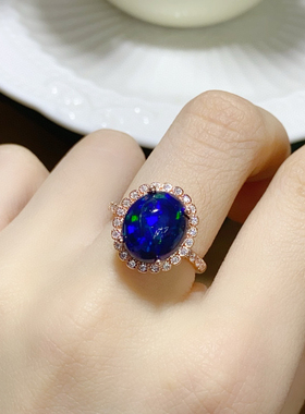 天然黑欧泊戒指女s925银镶嵌钻石彩色宝石珠宝首饰指环女礼物