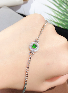 泰国宝石 透辉石手链纯银镶嵌女简约彩宝镶嵌礼物手链枕方手链