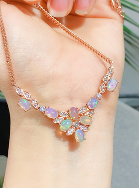 精品彩宝天然欧珀纯银镶嵌吊坠项链 女款彩宝饰品礼物火彩好