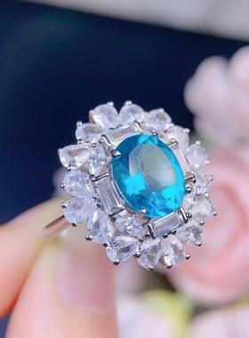 帕拉伊巴托帕石戒指主石8x10mm全净体品质火彩超赞925银精工镶嵌