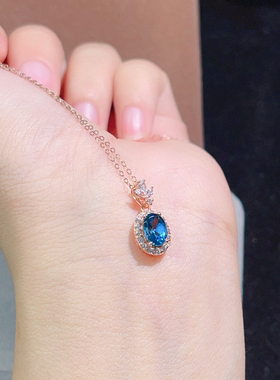 珠宝正品天然伦敦蓝蓝托帕石吊坠女银镀18K玫瑰金色镶嵌项链