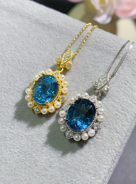 蓝托帕石项链天然瑞士蓝吊坠蓝色天然彩宝纯银2024年新款百搭时尚