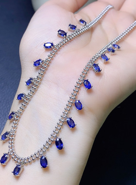 天然蓝宝石项链 颜色好S925银精工镶嵌主石尺寸约3*5mm