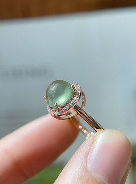 天然葡萄石戒指女冰种玉质绿翡翠色925银镀玫瑰金活口富贵可调节