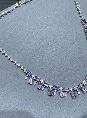 大克拉天然紫水晶宝石套链项链 上身仙美 银镀18K金 奢华群镶