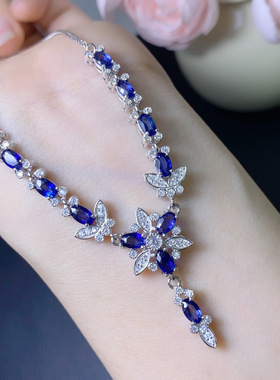 天然蓝宝石项链颜色好S925银精工镶嵌、主石尺寸3*5mm