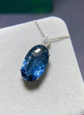 纯天然伦敦蓝蓝托帕石吊坠颜色超深的伦敦蓝11*19mm925银精工镶嵌