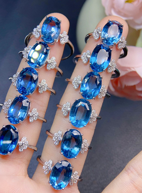 天然蓝托帕石戒指女款宝石指环925银镀白金戒托流行饰品