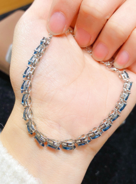 特惠新款伦敦蓝托帕石手链925银镀白金精工镶嵌简约手链满链