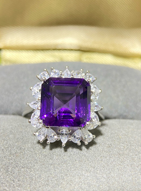 天然巴西紫水晶戒指银镀18K金方520戒指开口面条珠宝