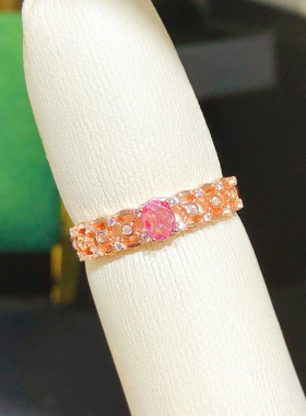 天然红宝石戒指925银镀金精工镶嵌开口戒指 石3*4MM