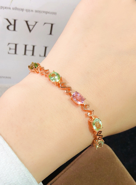 碧玺手链彩宝定制红宝石手镯银镀18K金镶嵌天然正品宝石