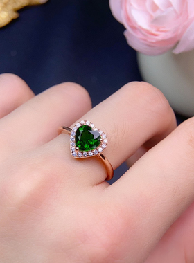 天然透辉石戒指活圈爱心7mm宝石银托空托s925银电镀白金色主