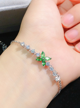 天然宝石沙弗来手链s925银镀玫瑰金镶嵌女款绿色石榴石绿宝石