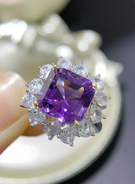 天然紫水晶戒指宝石S925纯银日韩轻奢气质女戒开口支持检测