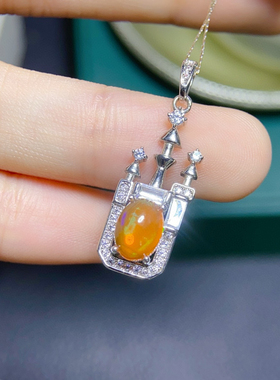 绚丽火欧泊吊坠晶体干净冬日暖阳色彩明亮主石6*8ms925银精工镶嵌