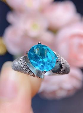 天然帕拉伊巴色托帕石戒指瑞士蓝S925银镶嵌精致个性百搭小众8x10