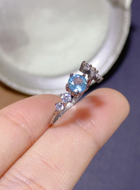 新款天然天空磷灰石戒指女晶体全净火彩爆闪s925银精工镶嵌