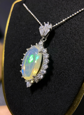 银镶天然欧泊吊坠 大尺寸10*16mm 炫美火彩戴妃款欧泊吊坠