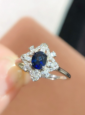 天然珠宝无烧斯里兰卡蓝宝石戒指大克拉银镀18k白金色