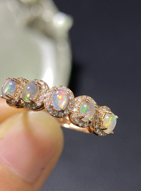 设计款 澳大利亚七彩天然欧泊宝石银镀18k金镶嵌华丽排戒戒指女