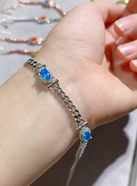 小众炫彩蓝色欧泊 火欧泊手链纯银镶嵌复古宫廷精致小众手链女