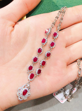 银镶天然红宝石链排高大上尊贵典雅时尚晚礼重工艺项链支持复检