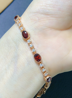 天然石榴石手链女银镀18K玫瑰金镶嵌钻石鸽血红轻奢珠宝彩色宝石