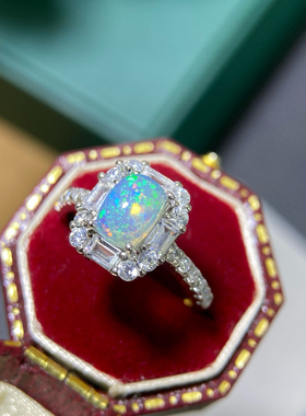 纯银天然非洲欧泊石戒指女火彩闪动简单戒托活口细指环宝石银饰