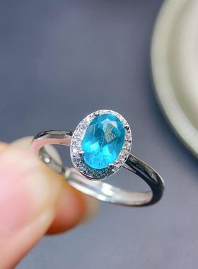 天然帕拉伊巴托帕石戒指925银铂金女款指环原石宝石饰品生日礼物