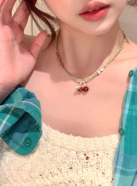 春夏季田园风显白红樱桃百搭项链女小众高级感锁骨链颈链choker