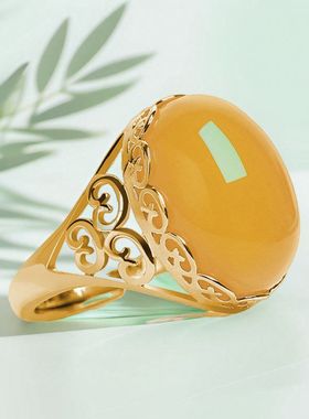 新款跨境高级百搭铜镀黄金色仿蛋形玛瑙开口女士戒指指环饰品批发