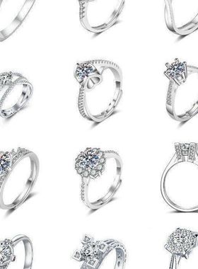 抖音直播热销仿S925银莫桑石戒指女经典一克拉女戒活口情侣戒指环