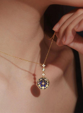 蓝沙石日月星辰精致锁骨链ins项链 个性轻奢高级感银气质女链