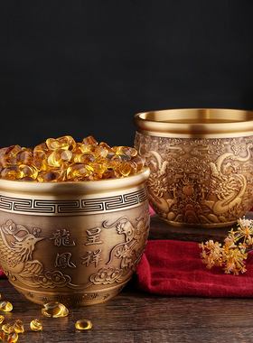 黄铜龙凤呈祥缸摆件客厅桌面装饰