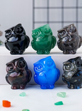 天然水晶猫头鹰摆件 水晶原石小动物雕刻件家居桌面客厅装饰品