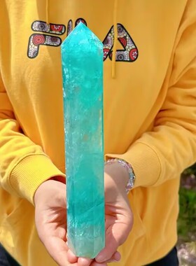 天然湖蓝萤石水晶柱摆件原石打磨