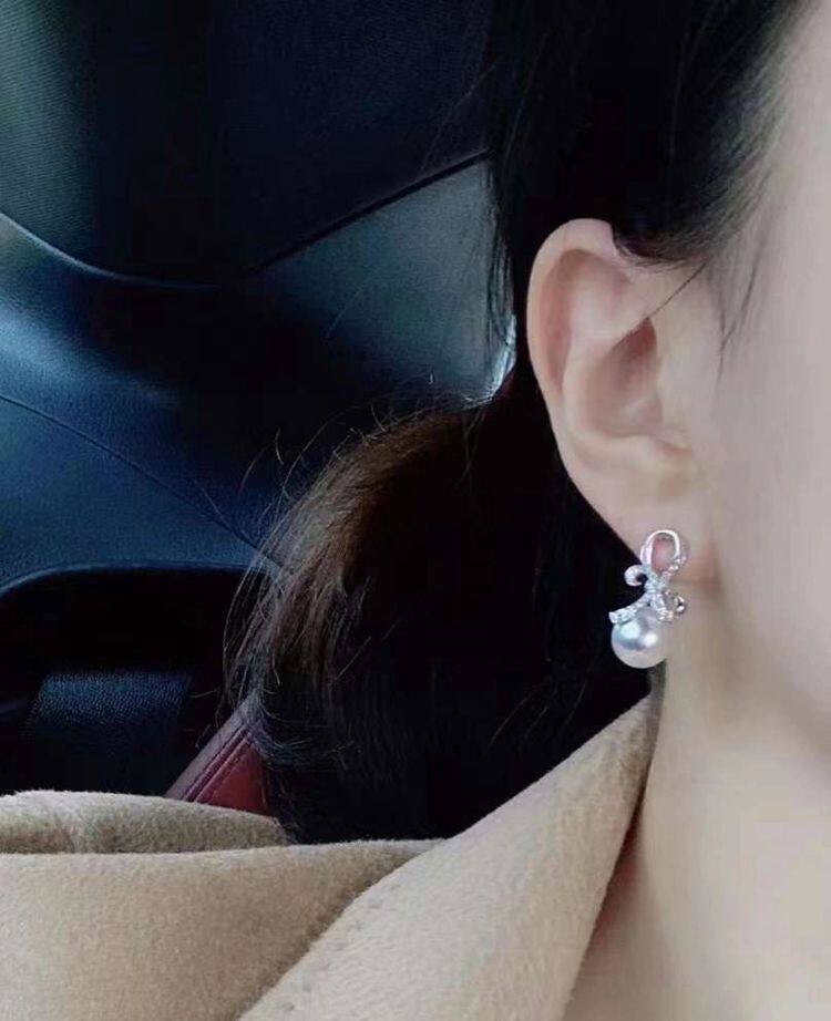 DIY配件天然珍珠S925纯银立体蝴蝶结锆石耳钉空托配8-10mm圆椭珠,淘宝优惠券,粉丝福利购,淘宝优惠卷