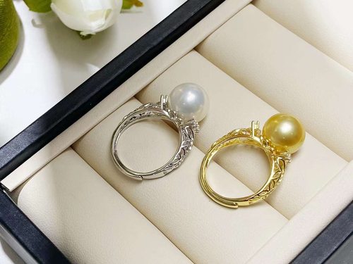 DIY配件天然珍珠S925纯银Ｋ金工艺镂空戒指空托 配11-12mm圆扁珠 - 图0