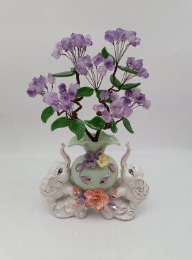 天然原矿紫水晶吉祥如意！象谐音“祥”，天然紫水晶招财树摆件