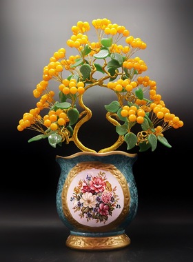 《金枝玉叶》摇钱树摆件，天然水晶黄玉髓招财树摆件