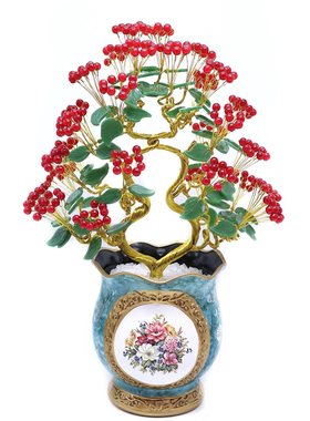 金枝玉叶天然水晶红玉果招财树摆件